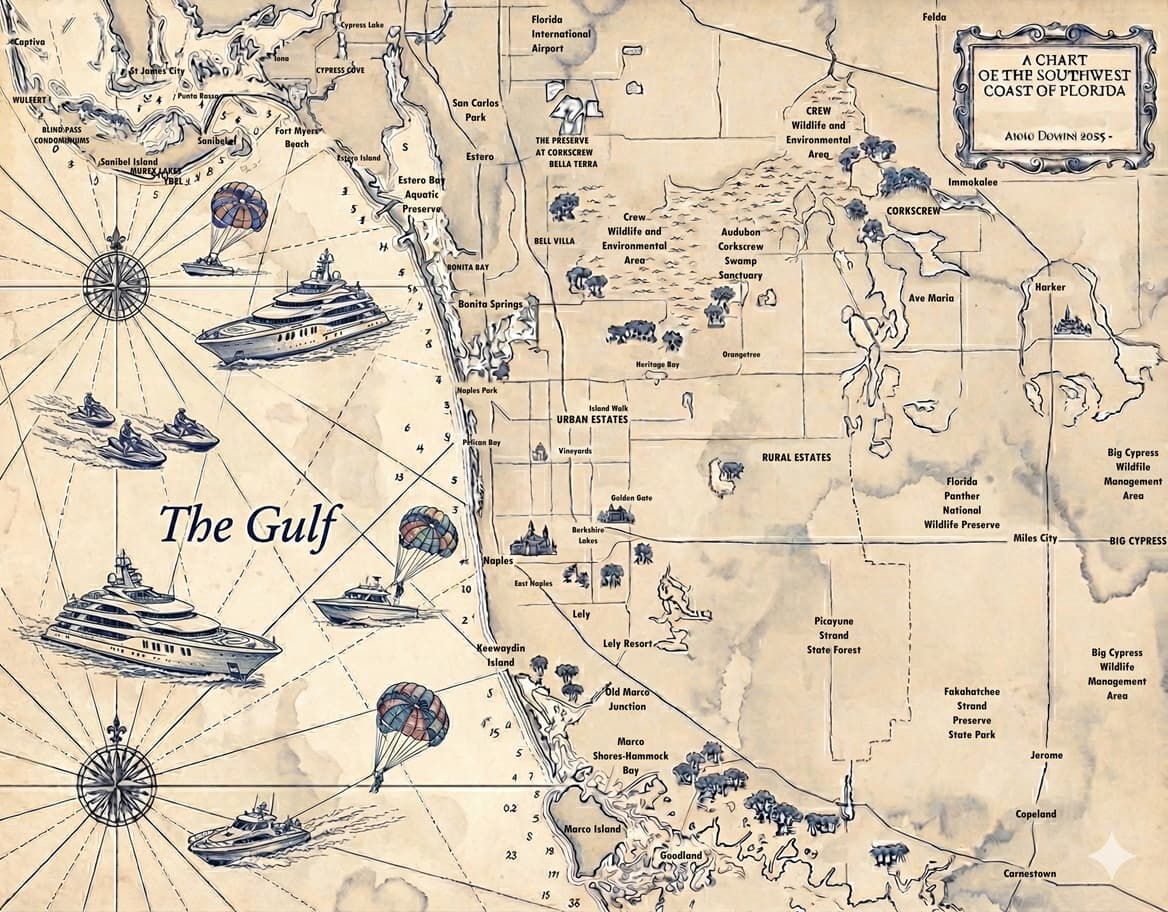 Stylized map of Naples, Florida, serving as a background for the RhinoDev Solutions hero section.